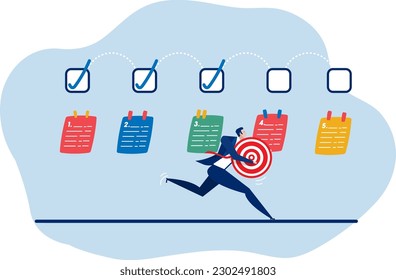 businessman running on completed checkbox to reach goal finished checklist, achievement ,development , improvement,or project progression progress to target concept vector