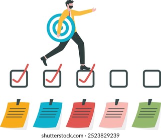 Hombre de negocios que se ejecuta en la Casilla de verificación completada para alcanzar la meta Lista de verificación terminada, logro, desarrollo, mejora o progreso del proyecto Progreso al Vector conceptual objetivo

