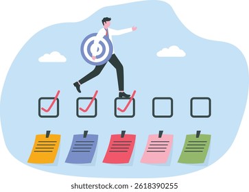 empresário executando na caixa de seleção concluída para alcançar a meta concluída lista de verificação, realização, desenvolvimento, melhoria ou progresso do projeto para o conceito alvo vetor

