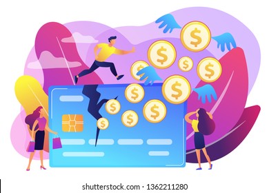 Businessman running on credit card and dollar coins with wings flying away. Overspending, financial stress cause, spend beyond the income concept. Bright vibrant violet vector isolated illustration