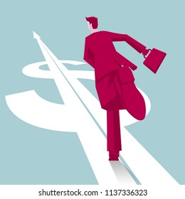 Businessman is running on the dollar symbol. The background is blue.