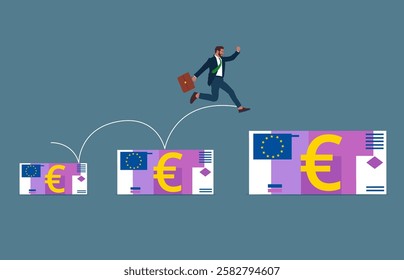 Businessman running on euro banknotes arranged in a row. Extensive financial or economic growth. Profit from the stock market or investment. Flat vector illustration.