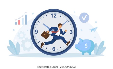 Businessman Running on Face of Clock. Deadline Pressure and Bad Time Management. Busy Person Hurrying. Stressed Office Worker Late with Work. Time Run Out, Entrepreneur Sprint Quickly