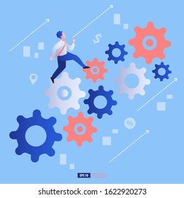 Businessman running on gear. Success concept. Vector illustration