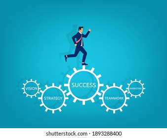 Businessman running on gear with the text success concept. Business performance management symbol vector illustration