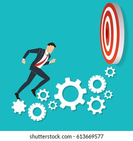 businessman running on gears to target archery to Successful vector. Business concept illustration.