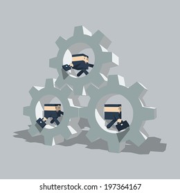 Businessman running on gears, Teamwork concept, Black suit with red necktie, Flat design cartoon vector EPS10