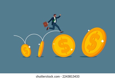 Empresario corriendo con monedas de oro arreglado en fila. Amplio crecimiento financiero o económico. Beneficio del mercado de valores o de la inversión. Ilustración vectorial plana.