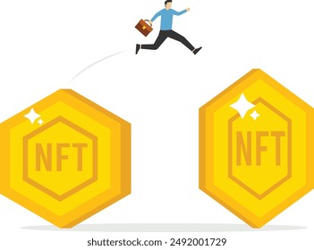 Businessman running on gold NFT Token arranged in a row. Extensive financial or economic growth. Profit from the stock market or investment. Flat vector illustration.

