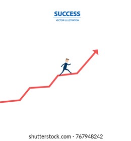 Businessman running on the graph to get the flag of success. Flat design concept of business success, ambition and vision. Vector illustration.