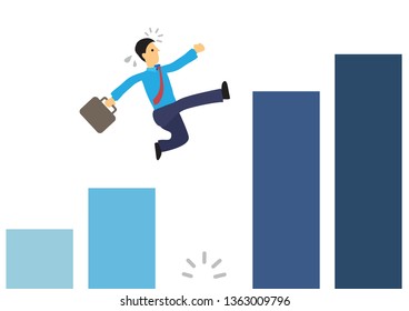 Businessman running on the graph and jumping over a giant gap. Vector cartoon illustration for concept on overcoming digital challenges or transformation - Vector