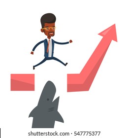 Businessman running on graph and jumping over gap. Businessman jumping over ocean with shark. Business growth and business risks concept. Vector flat design illustration isolated on white background.
