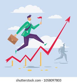 Businessman is running on the graph of success