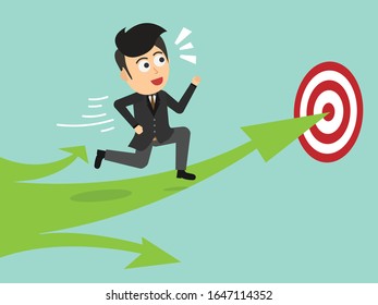 Businessman running on graph to target. Business concept. Businessman purpose target. Flat cartoon style. Vector illustration. 