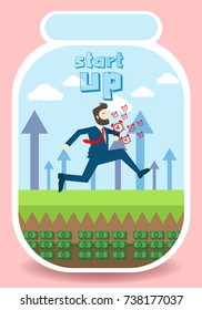 businessman running on grass with cute blue sky and arrow icon  background in glass bottles business start up concept.