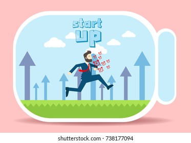 businessman running on grass with cute blue sky and arrow icon  background in glass bottles business start up concept.
