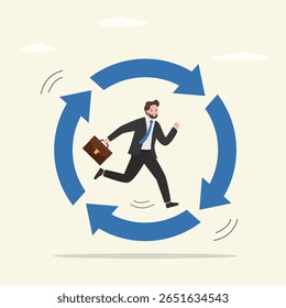 Empresário correndo no diagrama de seta circular hábito. Escravidão corporativa. Hábito de trabalho, ciclo de vida ou comportamento diário de rotina, desenvolvimento ágil, disciplina ou eficiência de trabalho, processo para o sucesso.