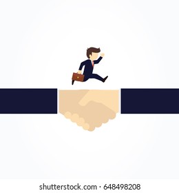 Businessman running on a handshake. Vector illustration.
