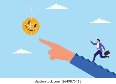Businessman running on a helping hand toward a smiling face icon, representing the importance of customer feedback, support, and building strong client relationships in business growth
