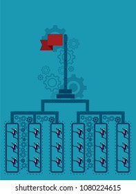 Businessman running on mechanism in Success process with teamwork concept on blue background 
