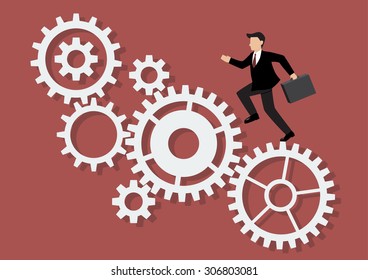 Businessman running on mechanism system. Business Concept