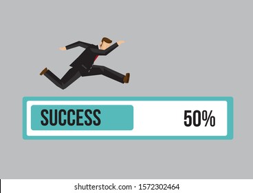 Businessman running on the progress bar towards success. Concept of hard work, determination, achievement and goal setting. Flat vector illustration