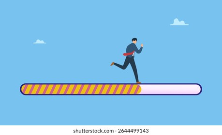 A businessman running on a progress bar. Symbolizes progress or journey to success or achieve goal, business step or career path, mission or challenge to succeed, improvement.