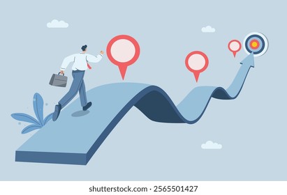 Businessman running on project timeline, Project planning to develop the timeline of business progress, Roadmap, Work duration review, Key route map with action plans. Vector design illustration.