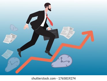 Businessman running up on red arrow staircase go to success and progress, Goal, Career, Vector illustration in flat design style with business concept.