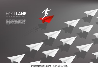 businessman running on red origami paper airplane is move faster than group of white. Business Concept of fast lane for moving and marketing
