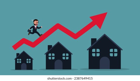 Businessman running on a rising red graph on the roof of a house. House price increase, real estate, or real estate growth concept. Vector illustration