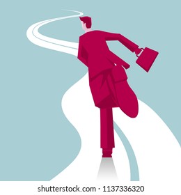 Businessman is running on the road. The background is blue.
