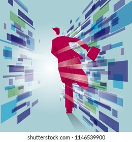 Businessman is running on the road. The background is an abstract geometric background.