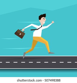 Businessman Running on the Road to Success. Young Man Character Running on the Road in Flat Design. Vector EPS 10