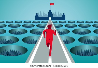 Businessman running on the road through obstacles to business success goal. leadership. startup. creative idea.  illustration cartoon vector