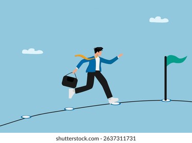 Businessman Running on Roadmap Path with Briefcase Reaching Green Flag Target as Success and Career Goal Achievement in Flat Vector Style Illustration