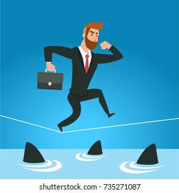 businessman running on rope with sharks. Business Illustration Vector Template