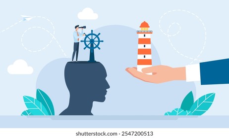 Businessman running on rudder helm, lighthouse points way to success. Business navigation, strategic analysis. Business vision. Overcome obstacles, control and drive growth. Vector illustration