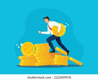 businessman running on stack of gold coins. success business concept