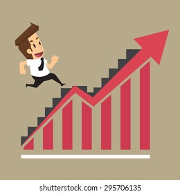 businessman running on the stairs, arrow level increases. vector