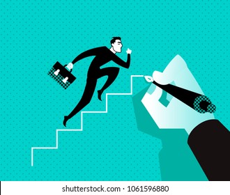 Businessman running on the steps. Hand draws a ladder