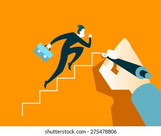 Businessman running on the steps. Hand draws a ladder