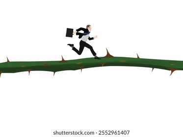 Businessman running on thorny branch, overcoming business challenges and difficulties
