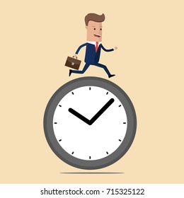 Businessman running on time clock. Vector illustration