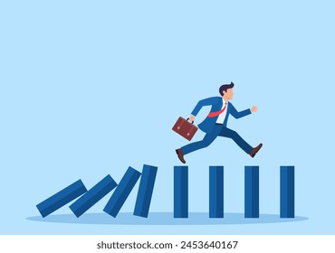 Geschäftsmann läuft auf der Spitze des Domino-Effekt. Geschäftskrise. Geschäftskonzept. Vektorillustration im flachen Stil.