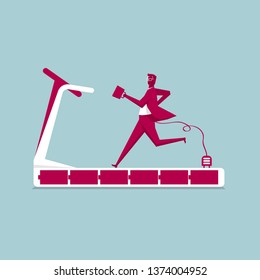 Businessman running on a treadmill. Isolated on blue background.