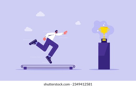 Businessman running on the treadmill trying to achieve success trophy, concept of hopeless effort