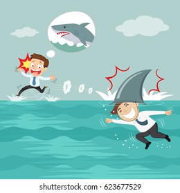 Businessman Running On Water Avoiding Which Man Shark Fin Costume Attacks, Vector Illustration Cartoon