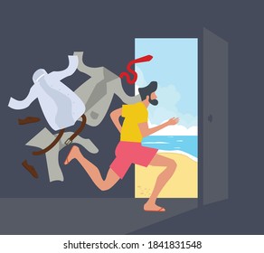 Businessman Running open door to the sea beach