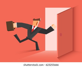 Businessman running in the open door. Vector illustration